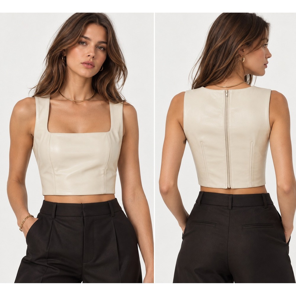 NWT 7 For All Mankind Faux Leather Crop Ivory Top Minimalist Size M Beige